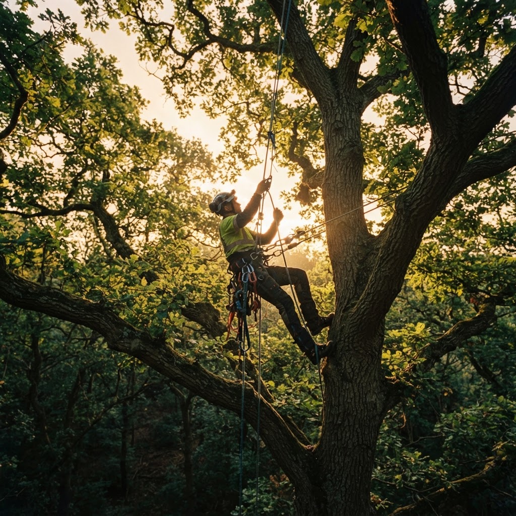 Professional tree surgeon climbing high in a mature tree canopy at golden hour
