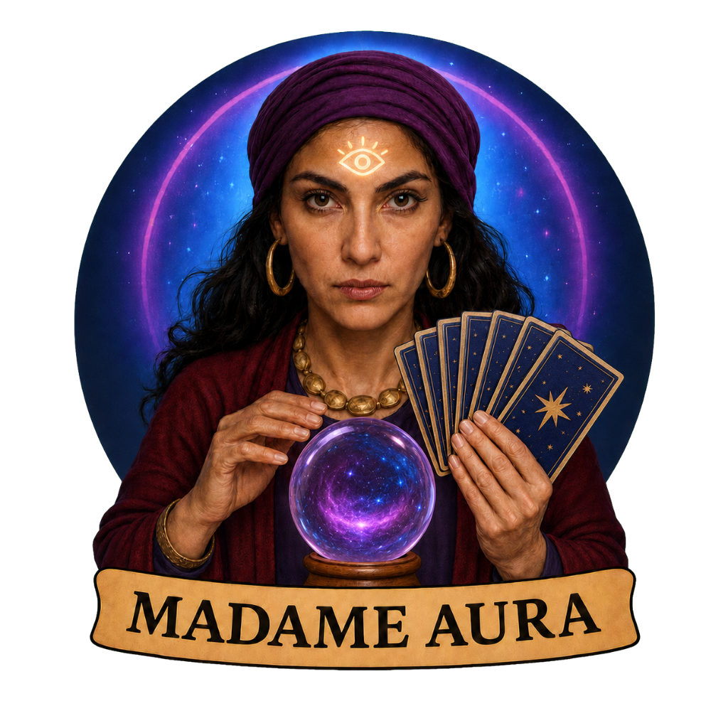 Madame Aura — cosmic tarot reader with crystal ball and tarot cards