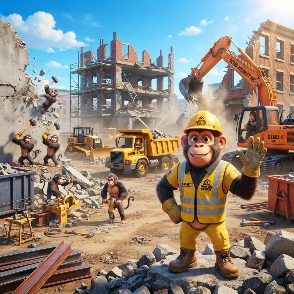 Demolition crew operating excavators at a demolition site