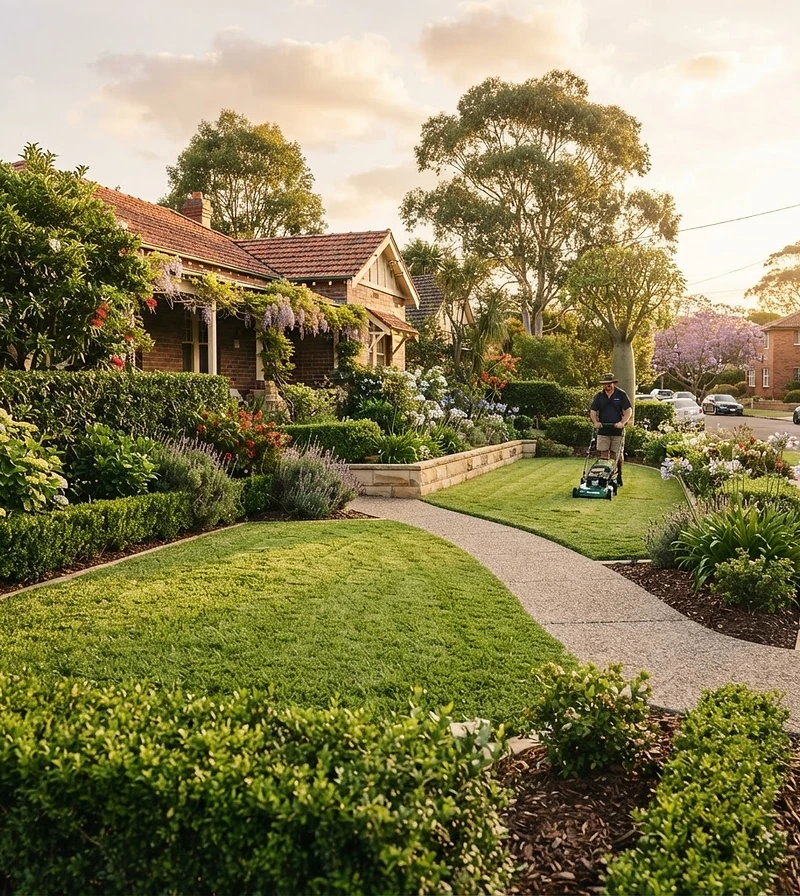 Manicured Australian lawn and garden at golden hour