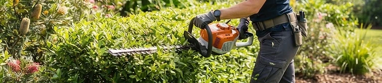 Gardener trimming a lush green hedge