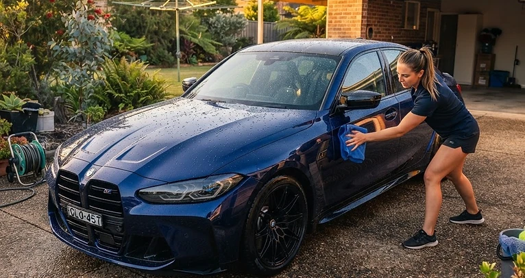 Gleaming freshly detailed car in an Australian driveway