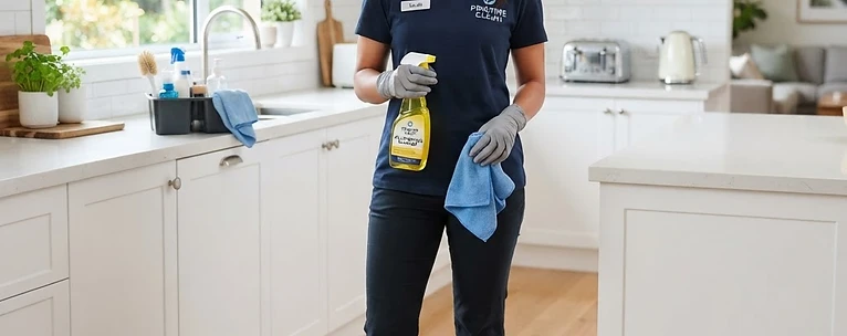 Professional cleaner with supplies in a spotless kitchen