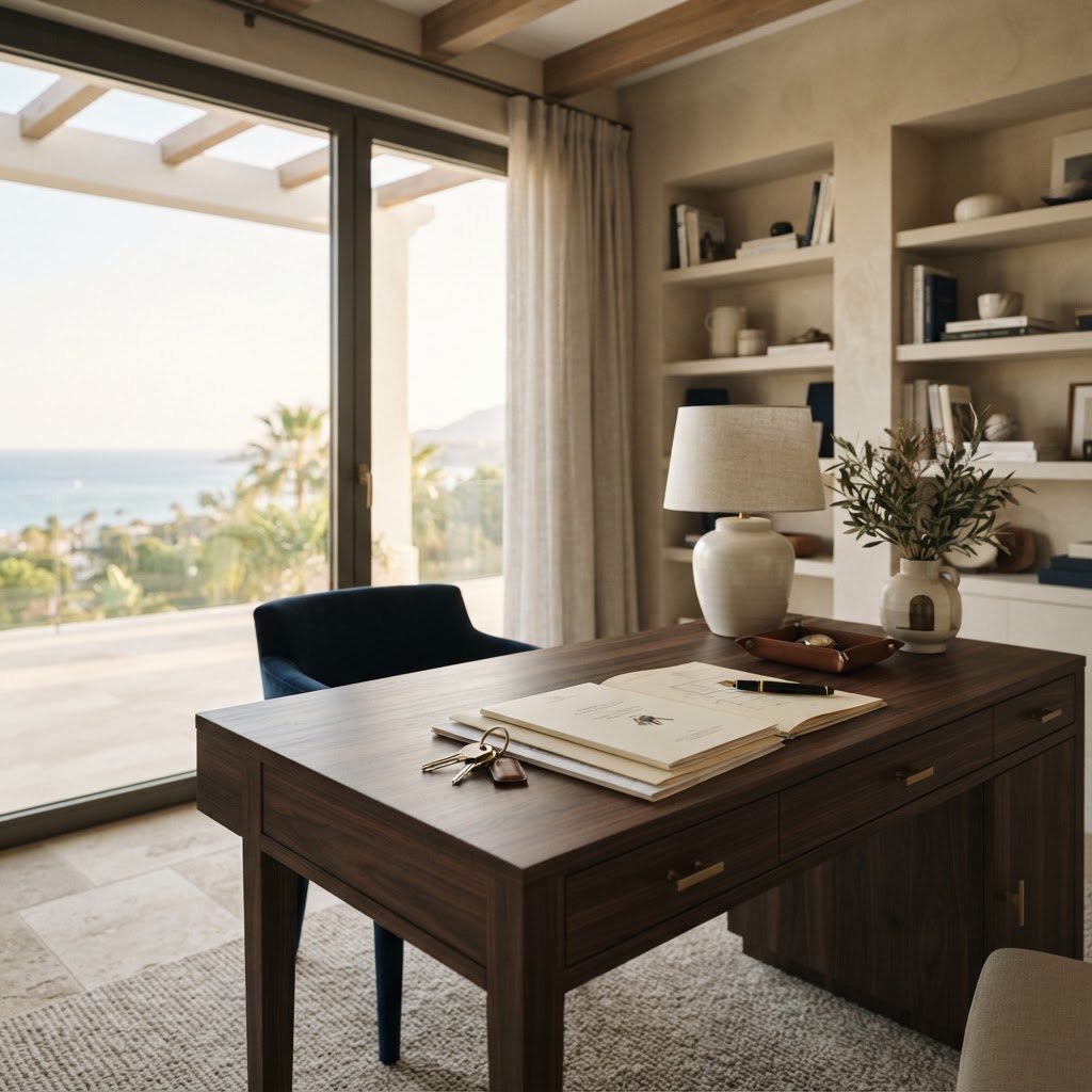 Despacho de una villa mediterránea con llaves y documentación de una vivienda