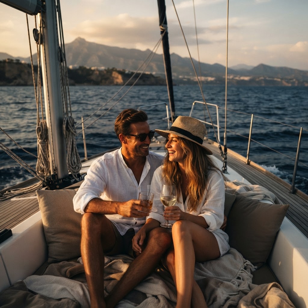 Pareja disfrutando del Mediterráneo en velero