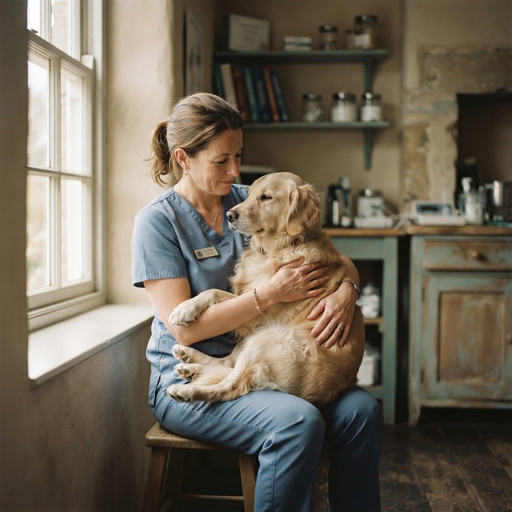 A veterinarian gently caring for a calm dog in warm, soft light