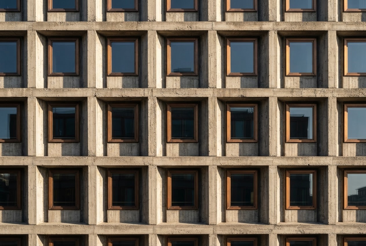 Brutalist architectural facade with precise structural alignment