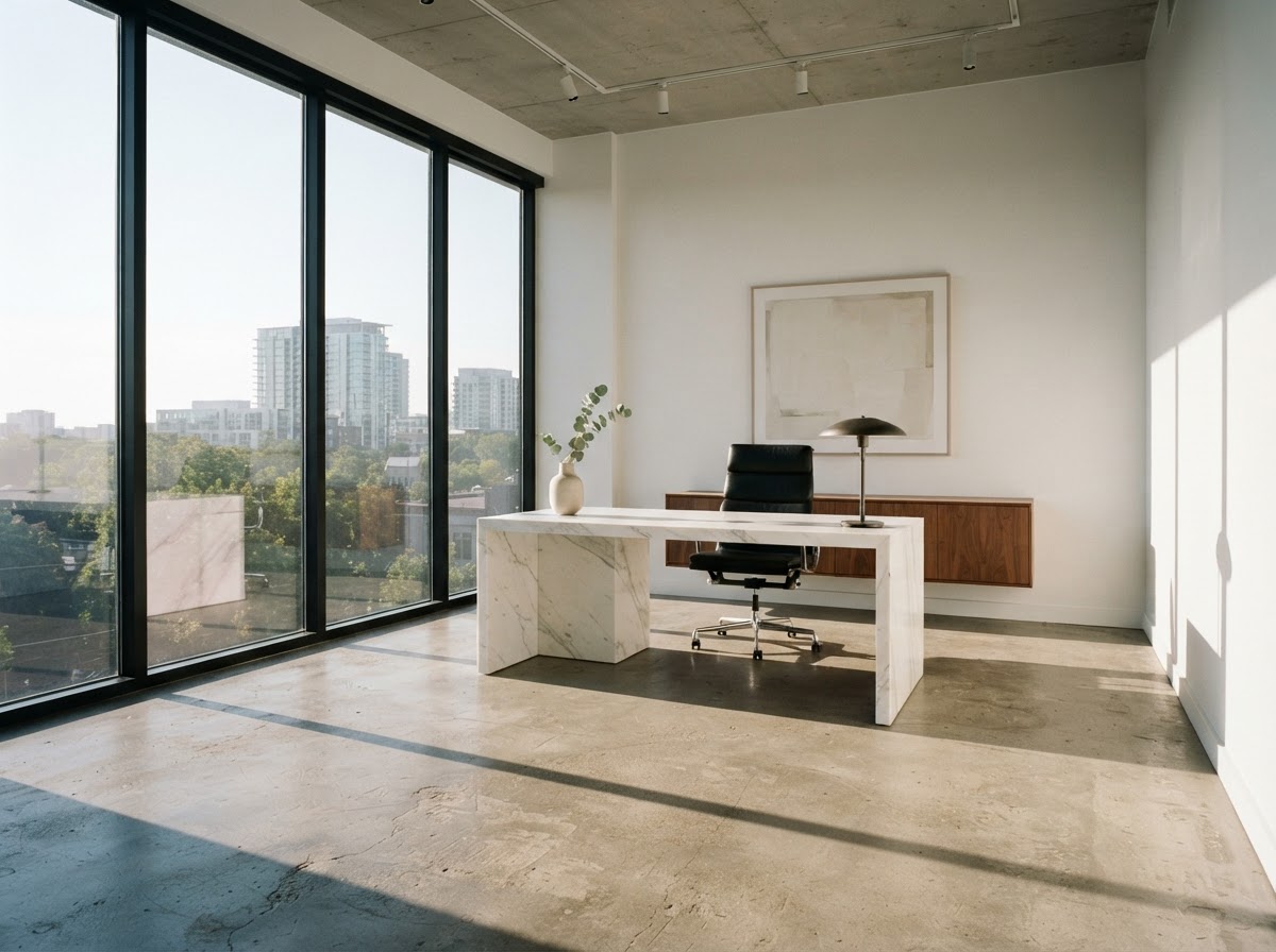 Sun-drenched minimalist office with a single marble desk