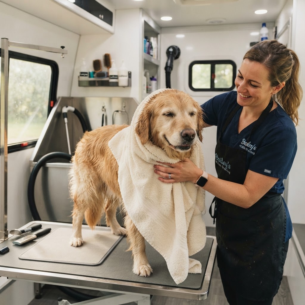 Large calm dog being gently towel-dried inside a bright mobile grooming van