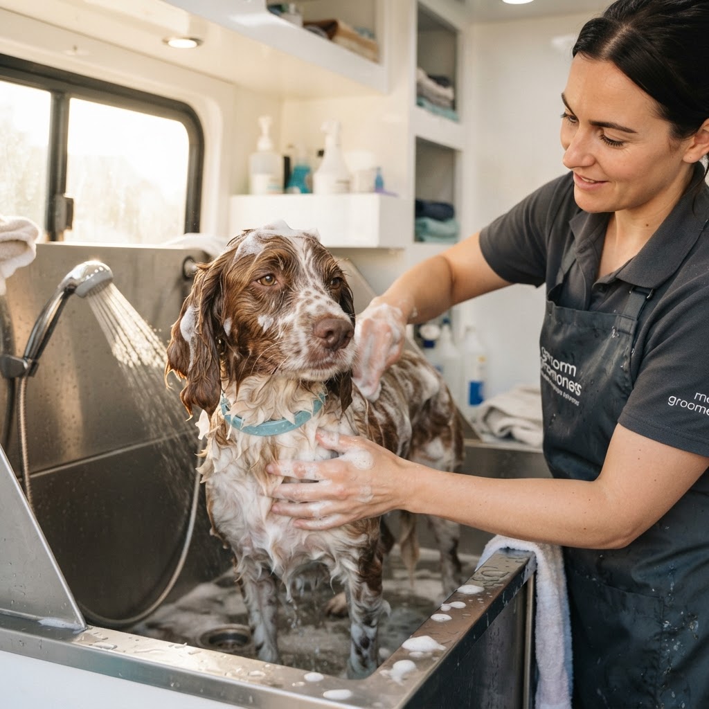 Dog being gently washed with soft suds inside a clean mobile grooming van