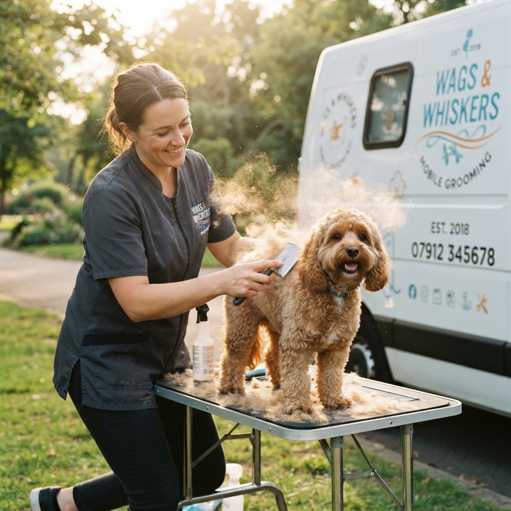 Groomer gently brushing a curly apricot dog near a mobile grooming van