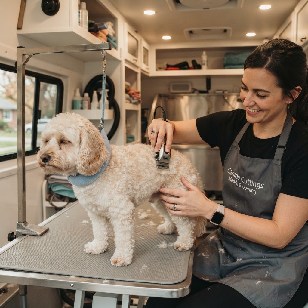 Small curly-coated dog being gently clipped during a mobile grooming appointment