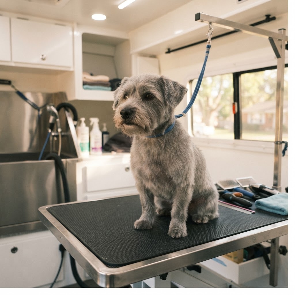 Calm small grey dog sitting quietly on a grooming table inside a mobile van
