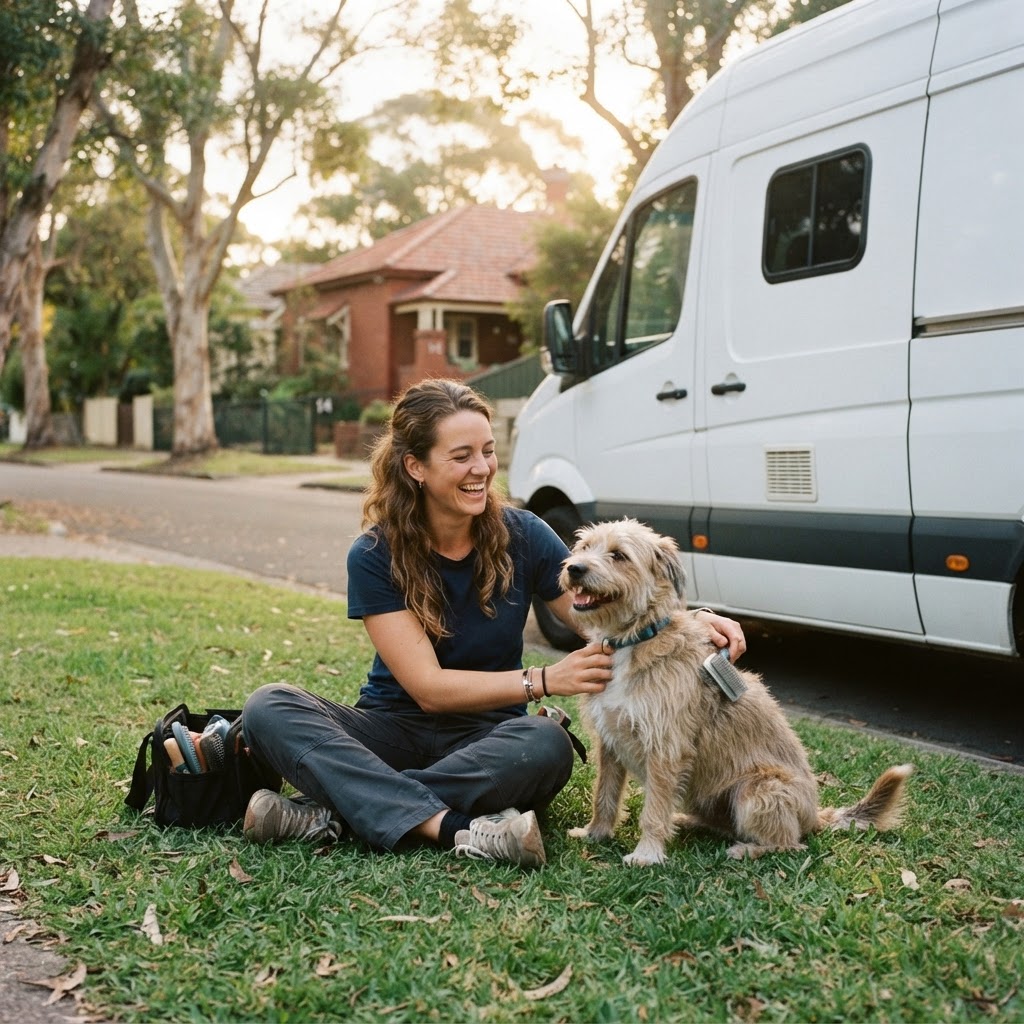 Friendly groomer with a happy dog beside a mobile grooming van in a leafy Bendigo street
