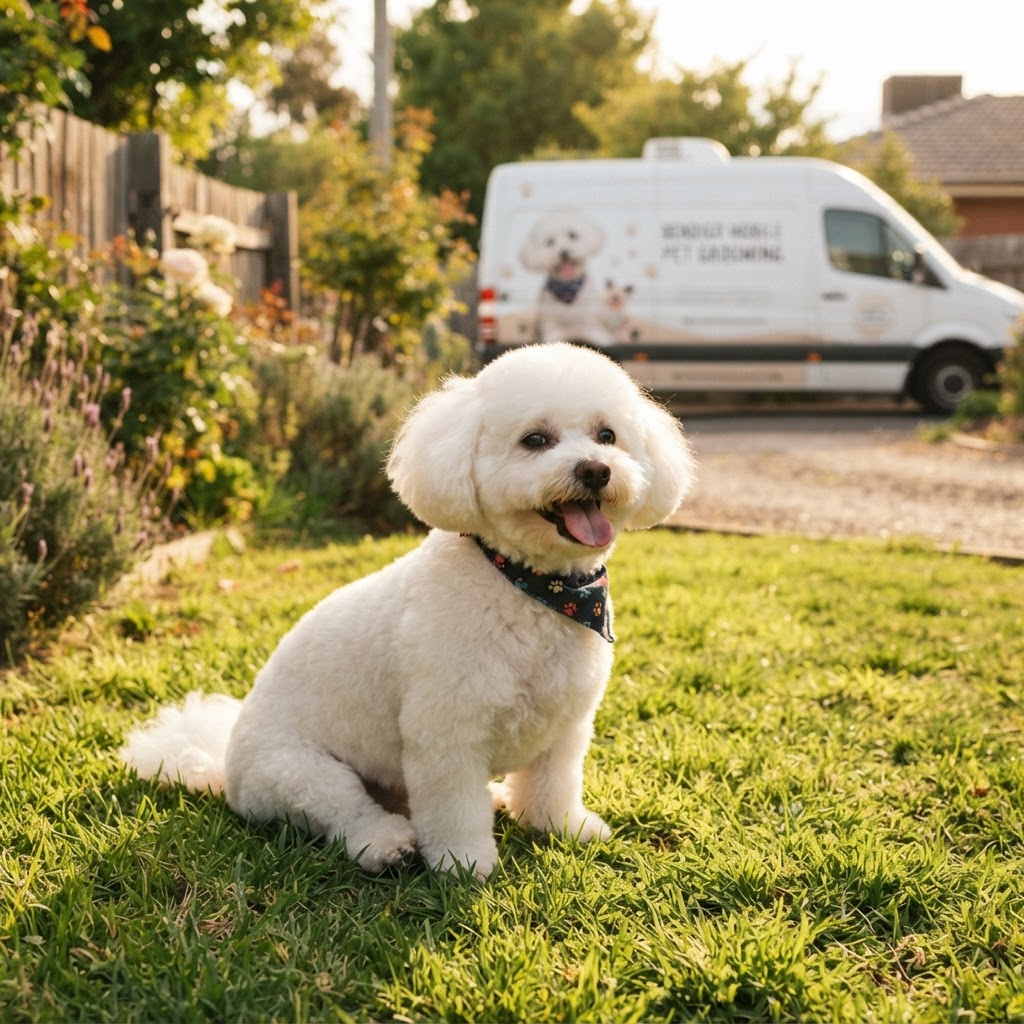 Happy freshly groomed small white dog in a sunny Bendigo backyard with a mobile grooming van nearby