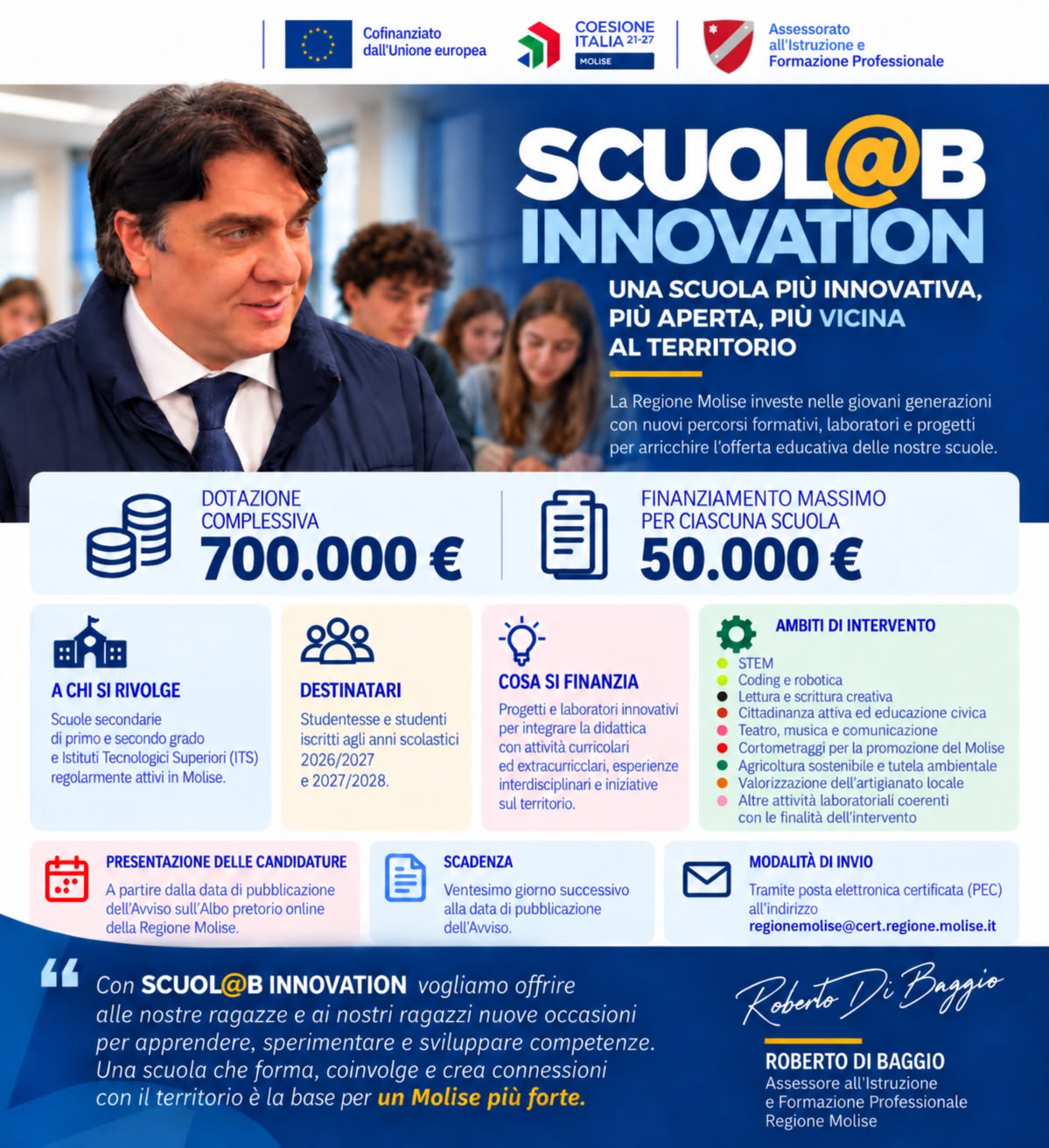 SCUOL@B INNOVATION, Di Baggio: 700 mila euro per una scuola più innovativa, aperta e vicina al territorio