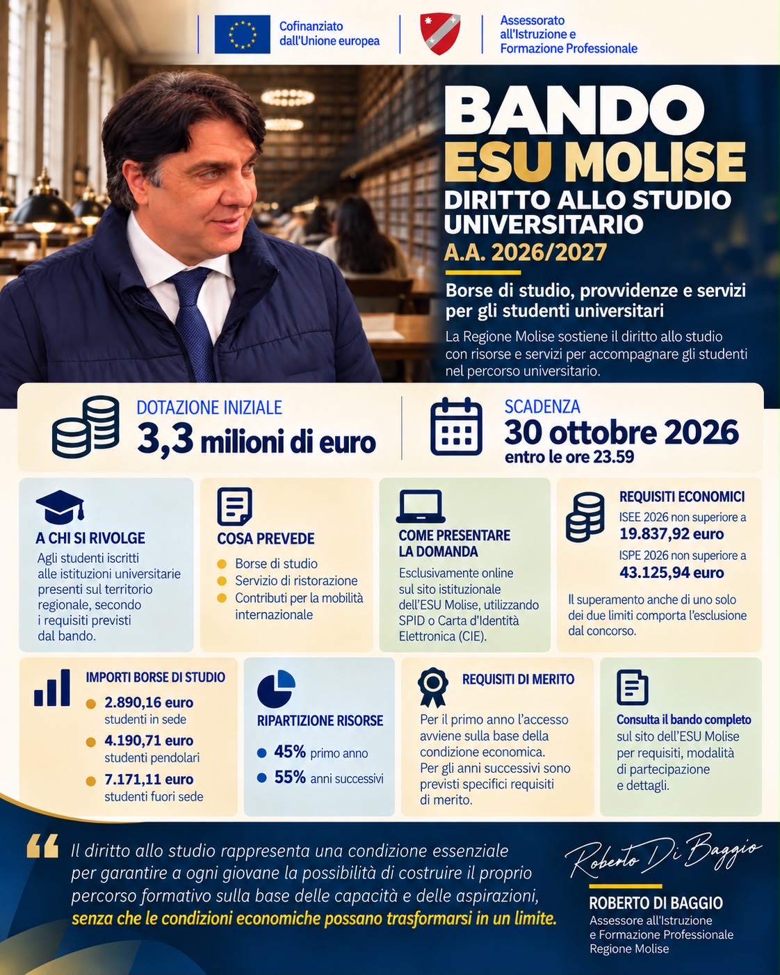 Diritto allo studio, Di Baggio: «3,3 milioni di euro per sostenere gli studenti universitari del Molise»