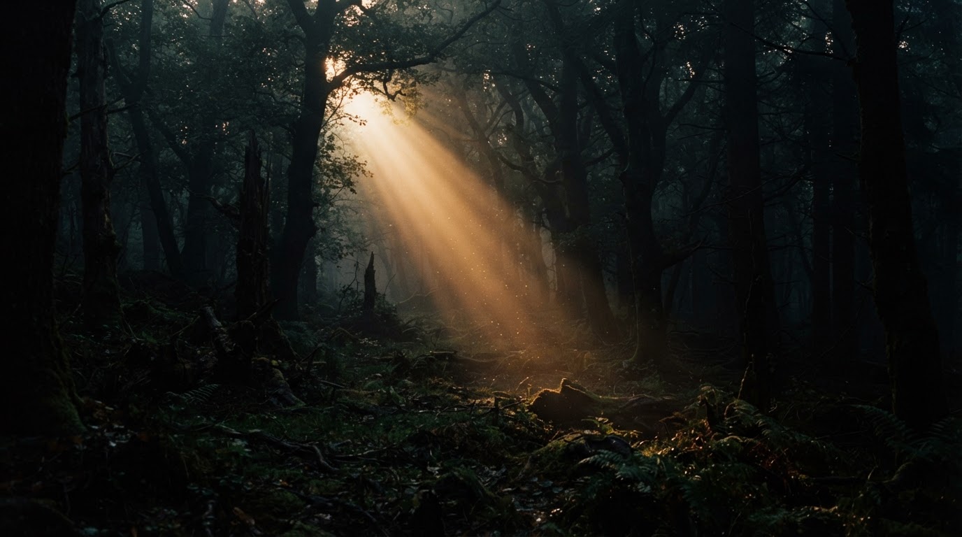 Floresta enevoada atravessada por feixes de luz dourada