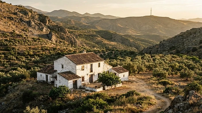 Mountainous Andalucía landscape with an isolated finca and distant communications mast