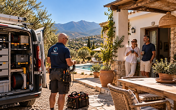 Alborán Connect engineer finishing a rural internet and Wi-Fi installation at a property in southern Spain