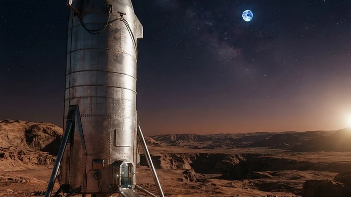 A spacecraft on the surface of Mars with Earth visible in the sky