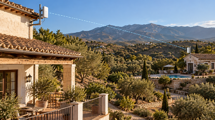 Point-to-point wireless link connecting a main house and separate casita on a rural property in Spain