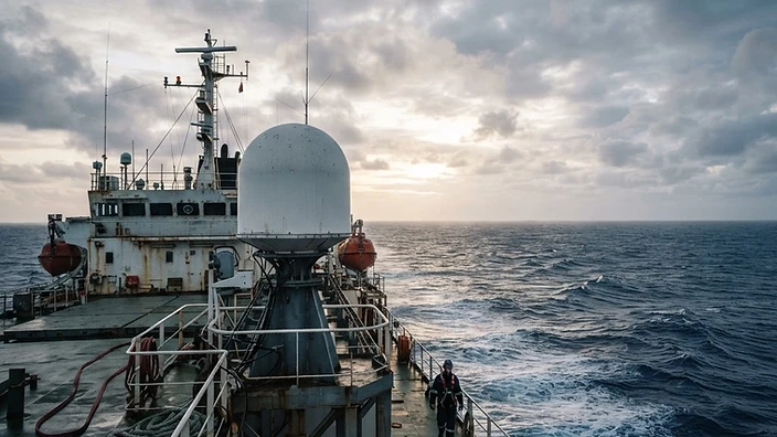 Satellite connectivity terminal on a ship at sea