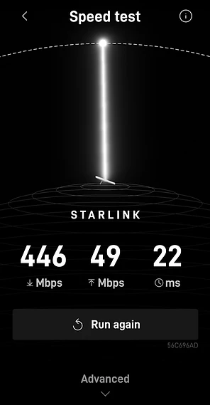 Starlink speed test showing 446 Mbps download, 49 Mbps upload and 22 ms latency