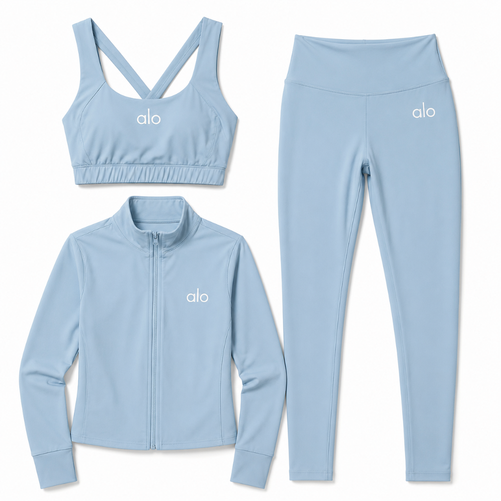 Ensemble Alo 3 Pièces Bleu - Brassière, Veste & Legging
