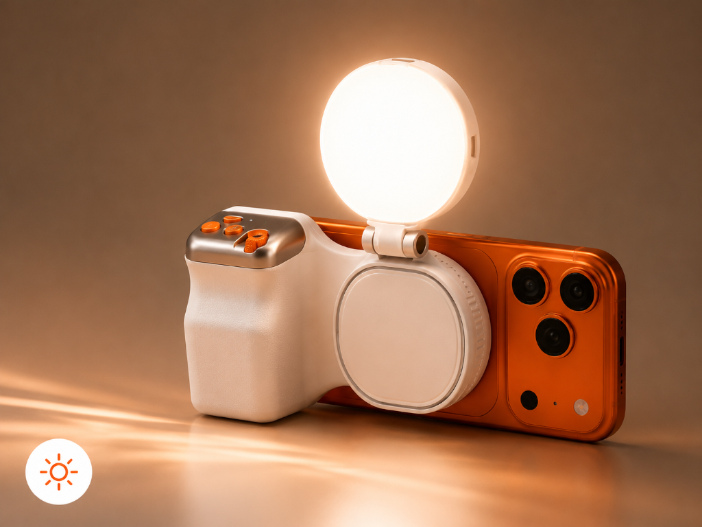 Vantaje™ Magnetic Photo Grip with flip-up selfie light glowing
