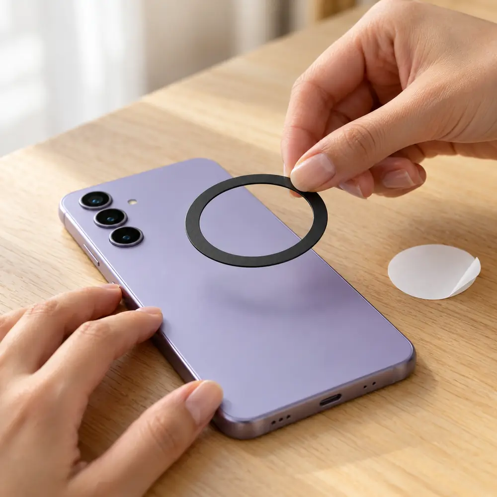 hand sticking the magnetic ring onto the back of an Android phone