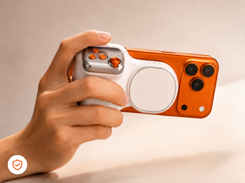 Hand gripping the Vantaje™ Magnetic Photo Grip attached to an orange iPhone