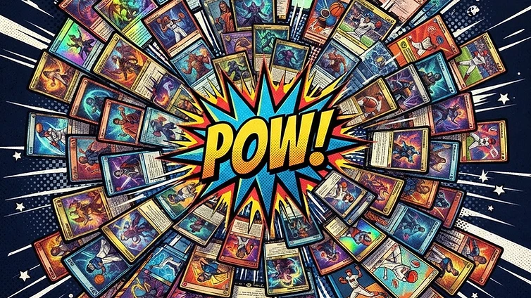 Trading cards bursting outward in comic-book style