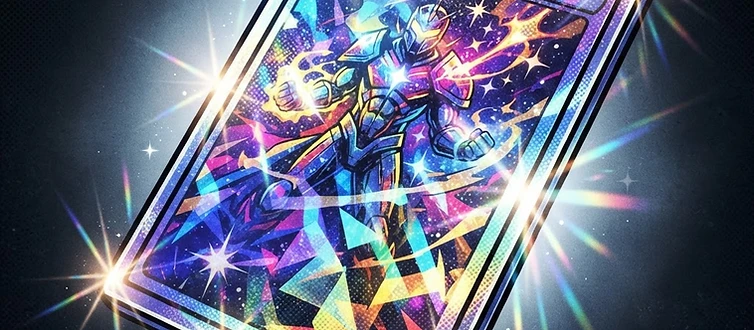 Holographic trading card with rainbow foil shimmer