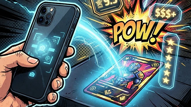 Phone scanning a trading card with AI effects