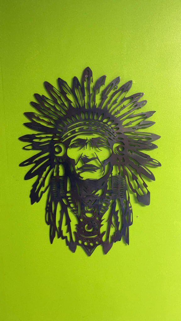 Plasma-cut Native American chief steel wall art by Rabideau Fabrication