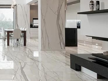 Polished stone flooring and custom interior finishes