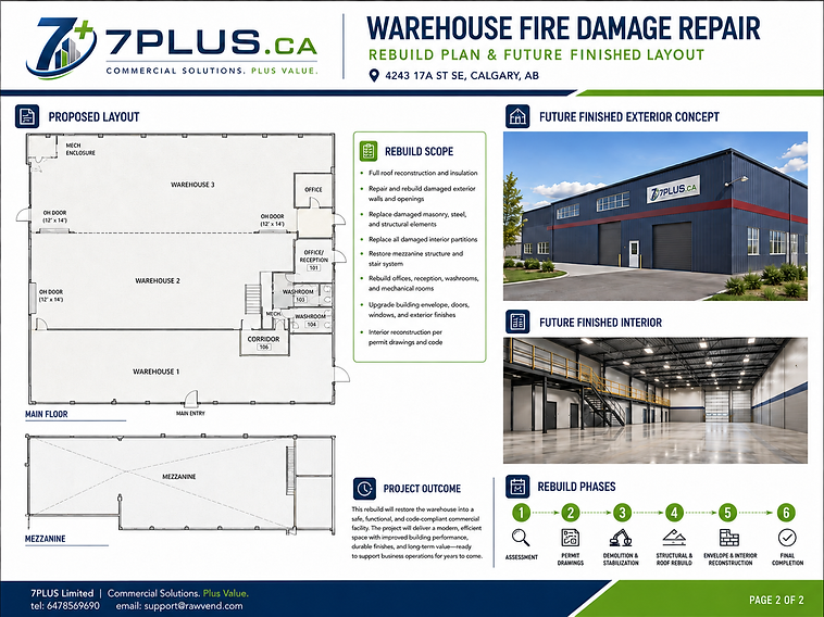 Warehouse fire damage rebuild plan and finished layout board