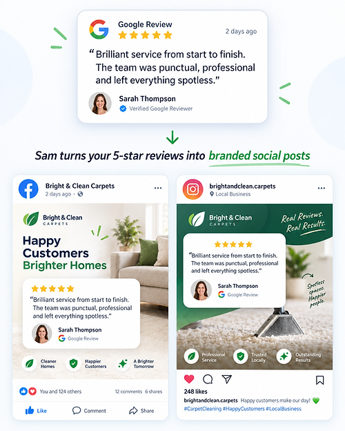 Sam turns Google reviews into branded social media posts for Facebook and Instagram