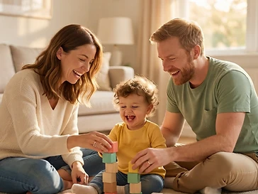 Family playing with colorful blocks together in warm golden light