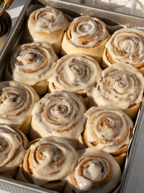 Glazed cinnamon rolls stacked