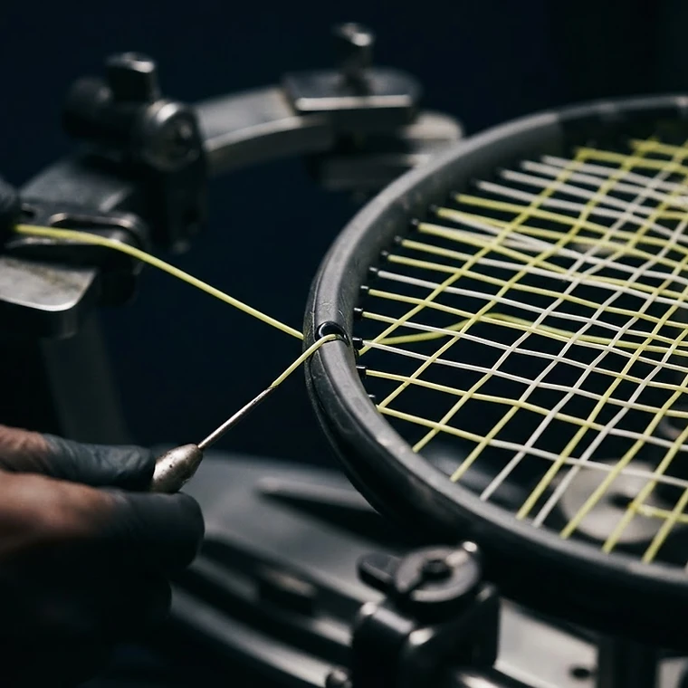 Close view of tennis strings being installed in a racket