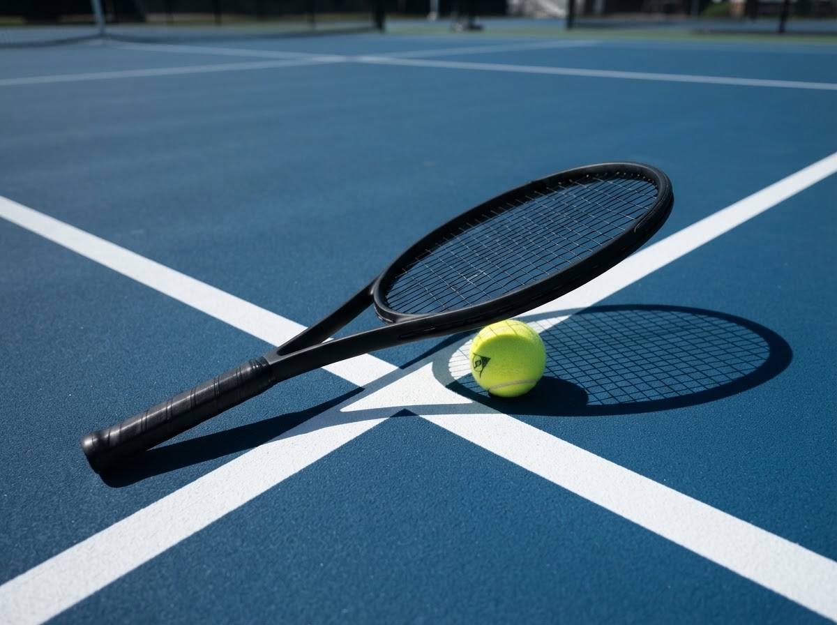 Tennis racket and ball on a blue hard court