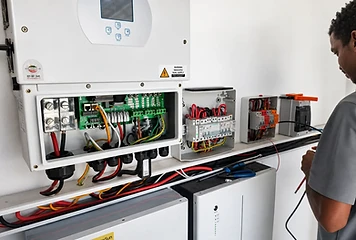 Technician wiring a solar inverter and battery bank on site.