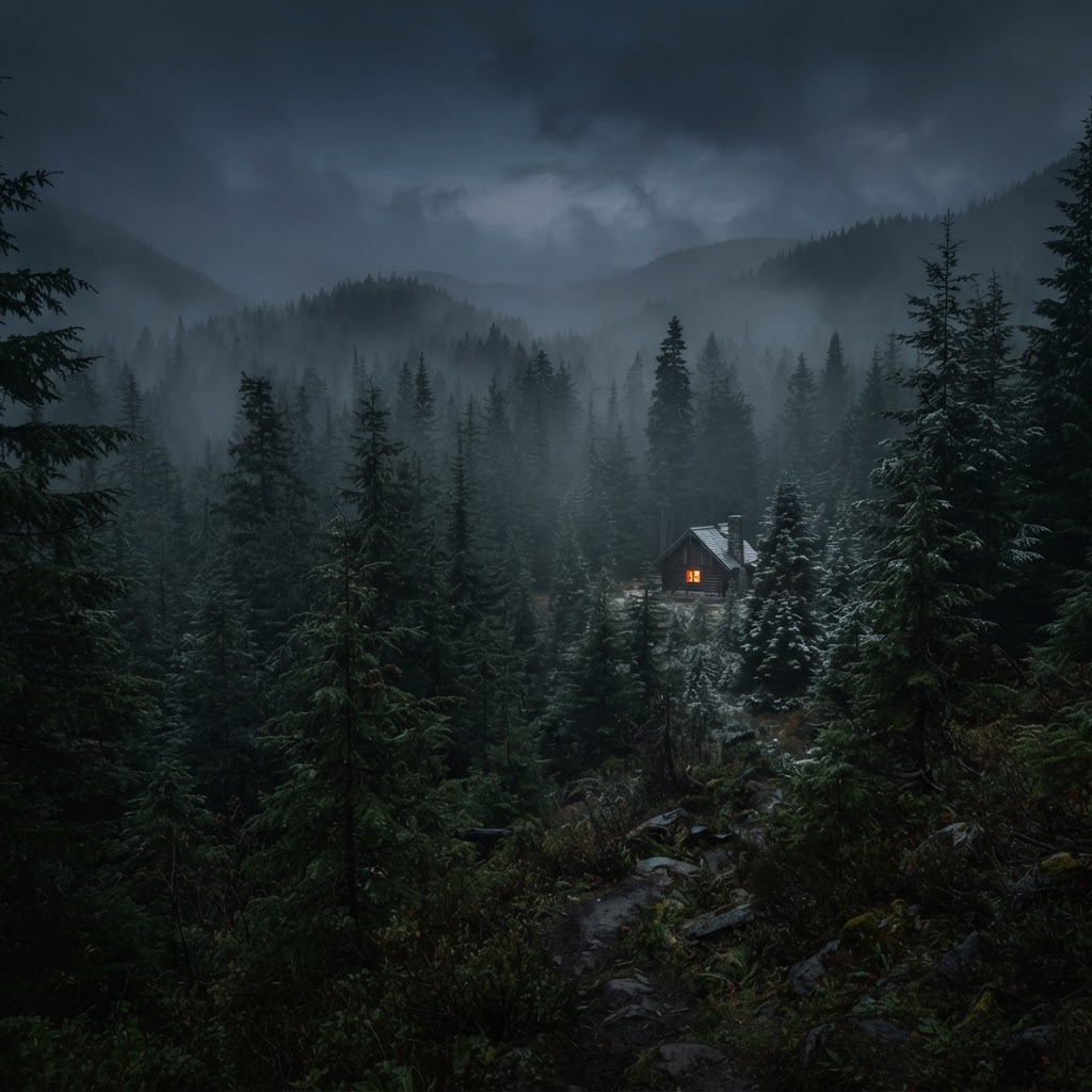 Fog-covered pine forest at dusk