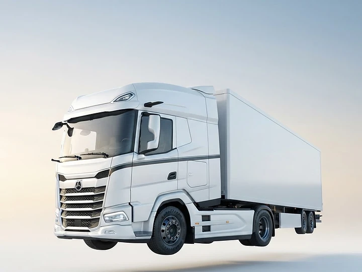 White semi-truck with a dark accent stripe, floating on a pale dawn sky