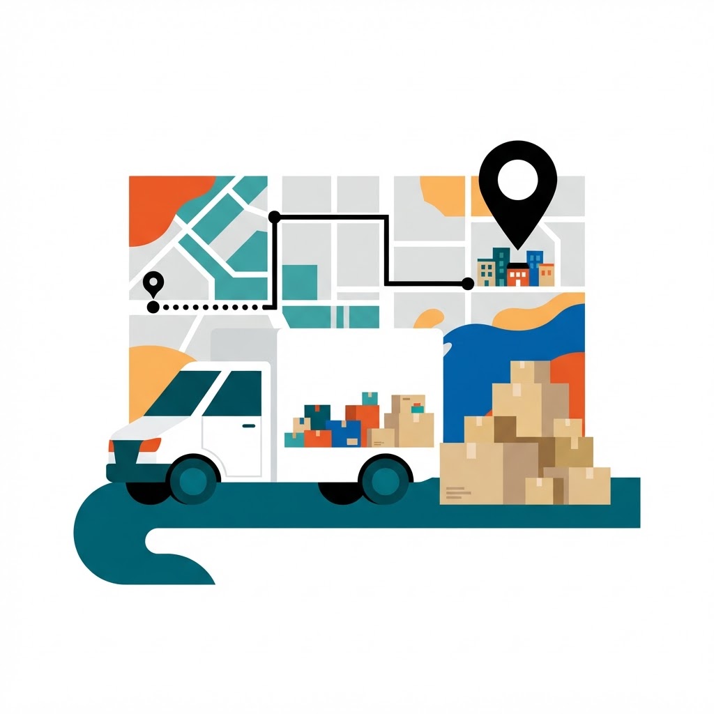 Flat illustration of a delivery truck, parcels and a route map