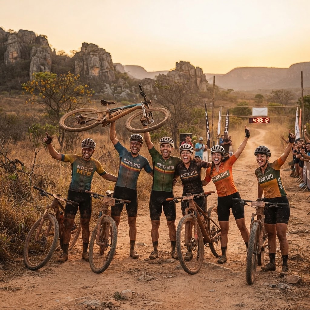 Ciclistas do Circuito Janu celebrando uma conquista no Norte de Minas Gerais