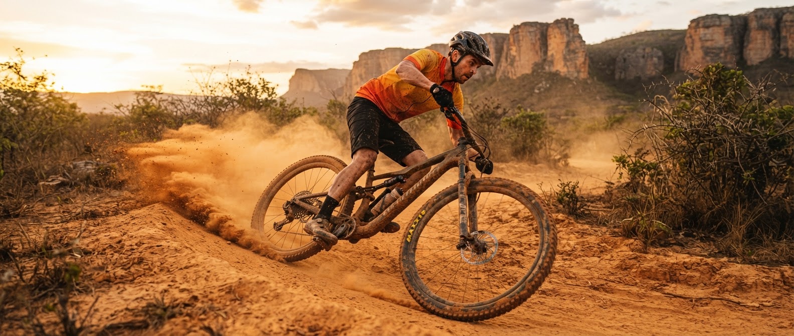 Ciclistas de mountain bike em trilha no pôr do sol