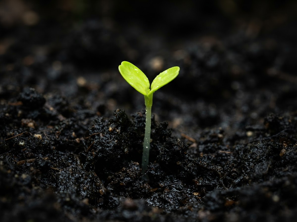 A single vibrant green sprout emerging from black soil